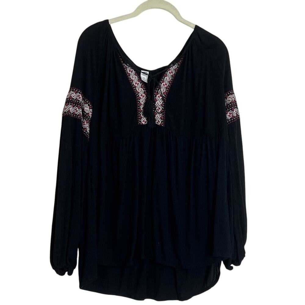 Old Navy Womens Embroidered Peasant Blouse XL Black Boho